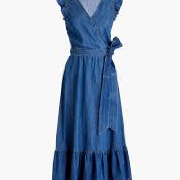 J.Crew Grand Lily Drapey Chambray Denim Blue Wrap Ruffle Hem Midi Dress 4 - Picture 2 of 16